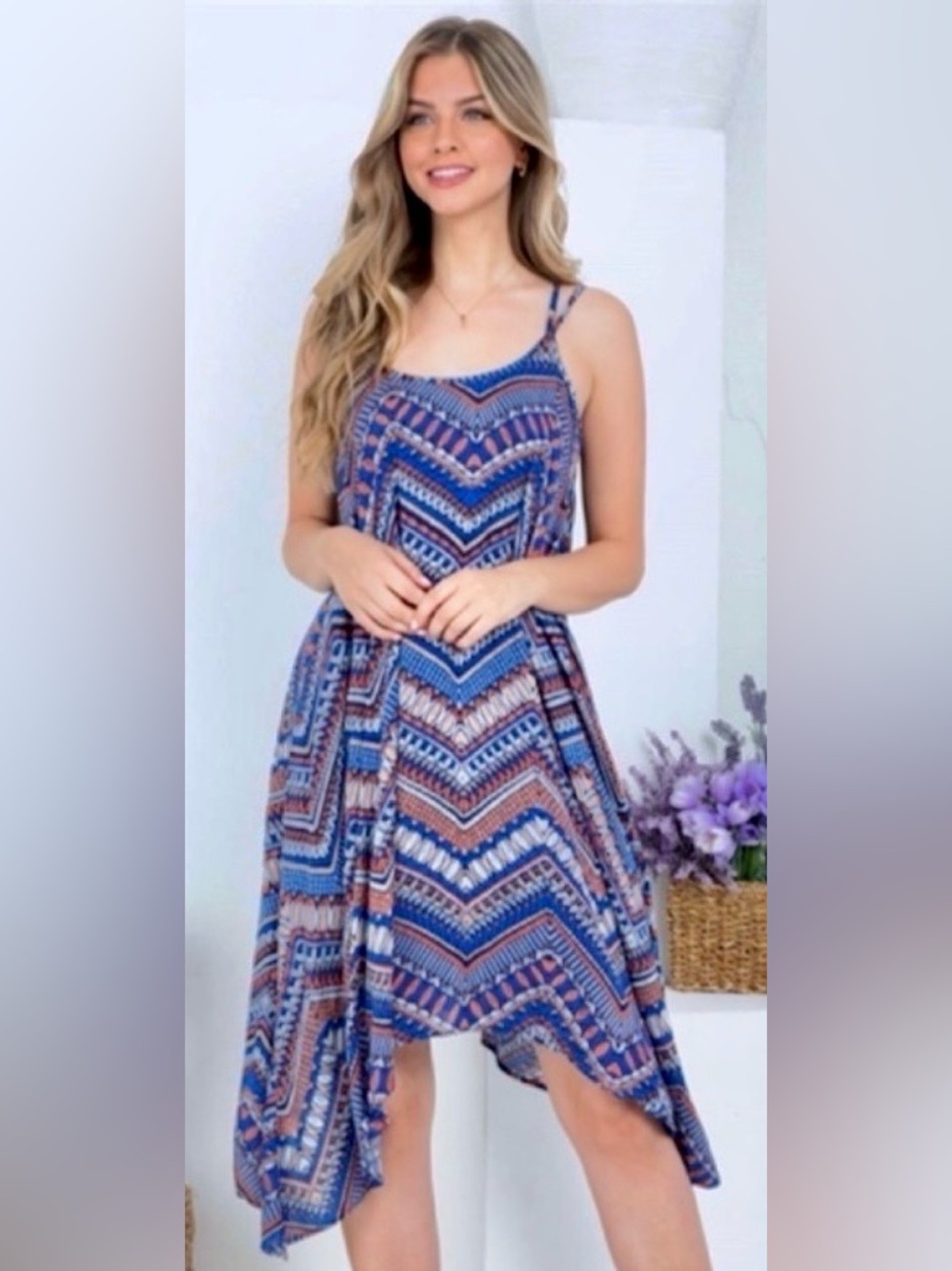 DOE & RAE Blue Geometric Print Tribal Bohemian Double Strappy Handkerchief Dress